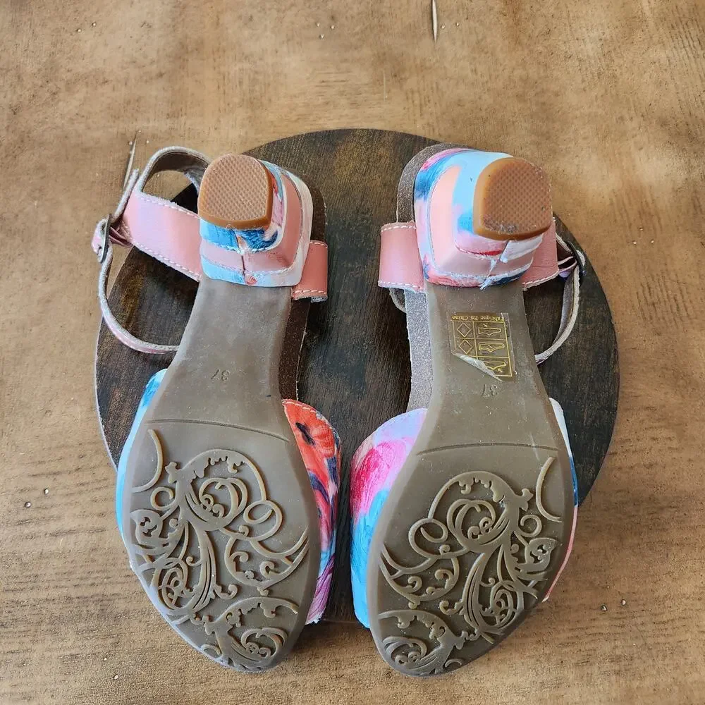L'Artiste Spring Step Mauri Floral Sandals 37 Warm Orange Leather Hand Painted - Picture 15 of 16
